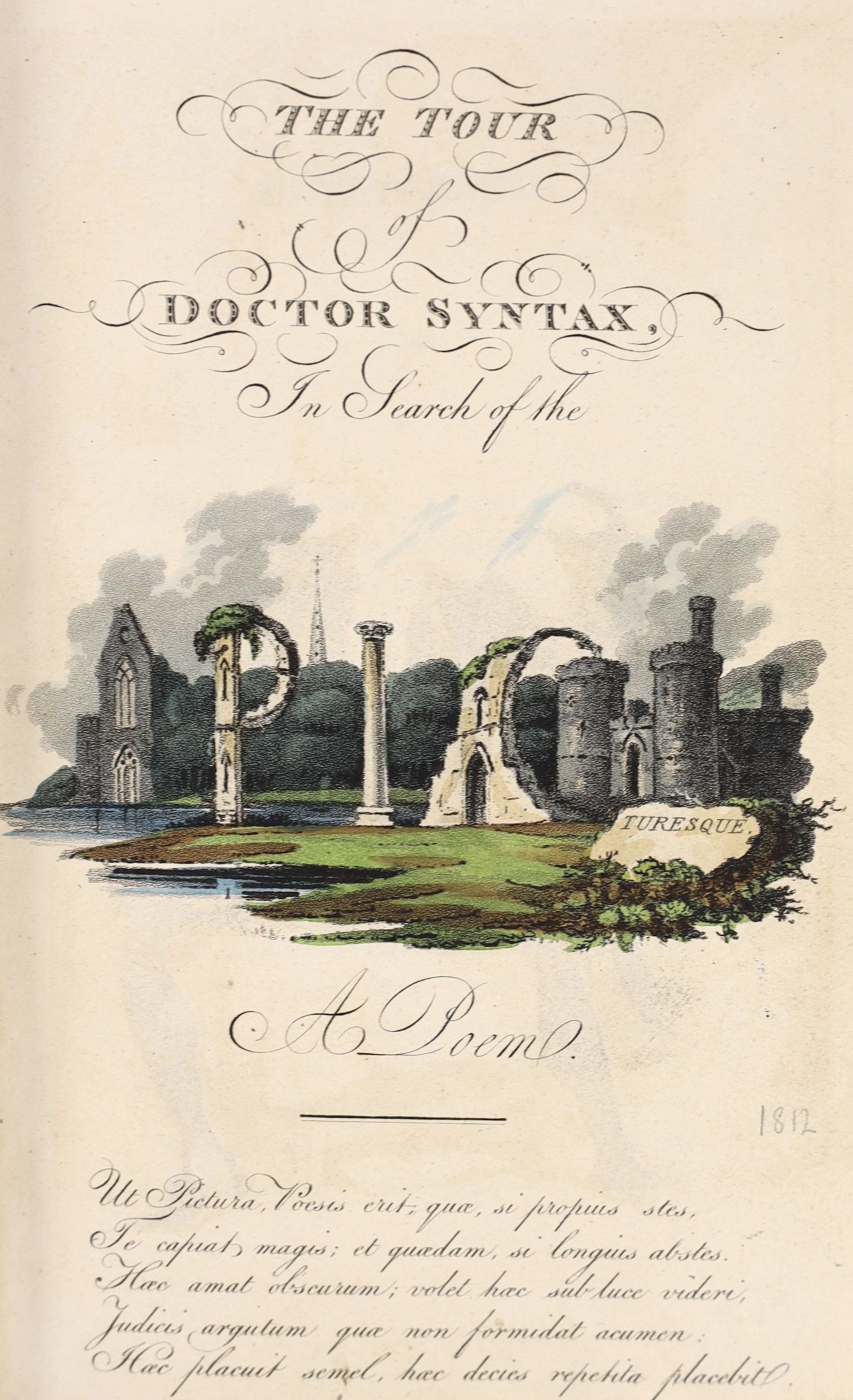 Coombe, William - The Tour of Doctor Syntax in Search of the Picturesque, 1st edition of text, with hand-coloured title and 30 aquatint plates, by Thomas Rowlandson, 8vo, half calf, London, 1812
